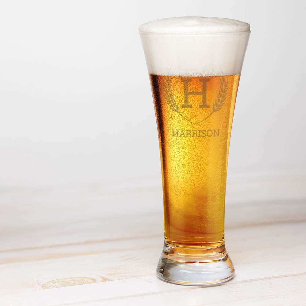 Personalised Laser Engraved Wreath Monogram Beer Glass