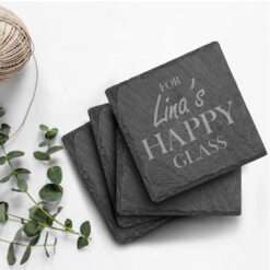 Personalised Laser Engraved Happy Glass Slate Coasters